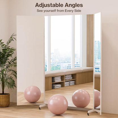 Full Length Stand Up Mirror on Wheels,79''×67'',Large Tri-Fold Floor Mirror with Stand,Movable 3-Way Full Length Standing Mirror for Gym, Dance Studio, Fitness Room, and Home (Whtie)