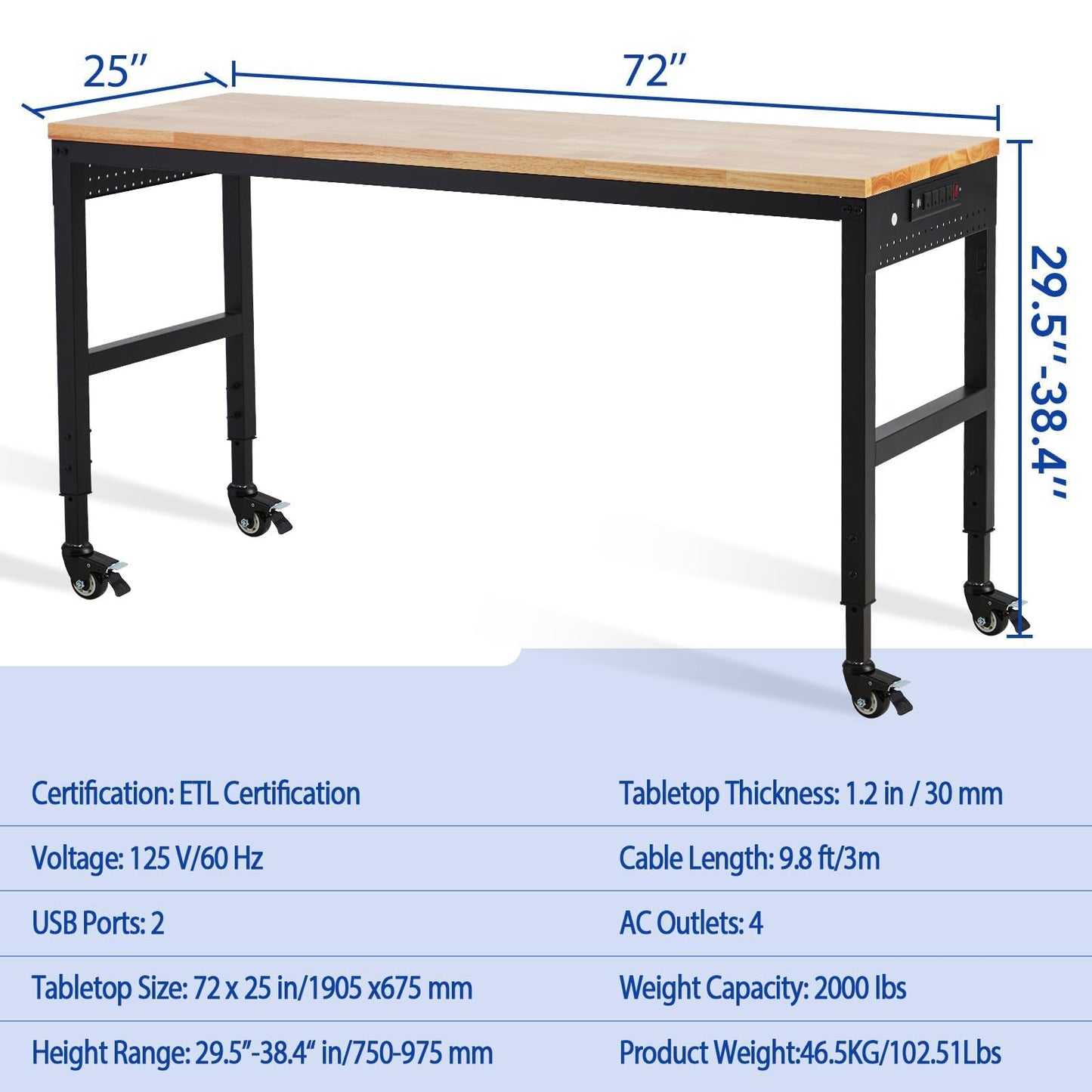 GAOMON 72"x25" Workbench, Heavy-Duty Garage Work Table, Heavy-Duty Table with Power Outlets, Rubber Wood Top, Adjustable Height 29.5"-38.4" for Workshop, Home, Office - 2000 Lbs Capacity