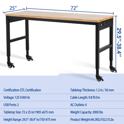 GAOMON 72"x25" Workbench, Heavy-Duty Garage Work Table, Heavy-Duty Table with Power Outlets, Rubber Wood Top, Adjustable Height 29.5"-38.4" for Workshop, Home, Office - 2000 Lbs Capacity