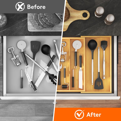 Lifewit Utensil Organizer for Kitchen Drawer, Expandable 13 to 22.4 Inches Wide, Adjustable Cooking Silverware Tray, Bamboo Cutlery Flatware Holder, Spatula Tools and Gadgets Storage Divider, Natural