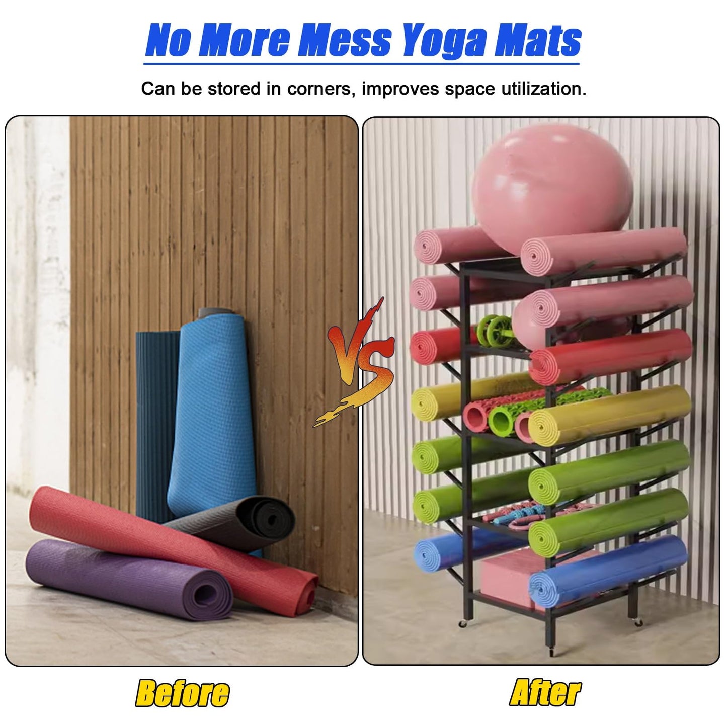 YHdtUO Yoga Mat Storage and Organizer Rack, Free Standing Home Gym Garage Storage Holder for Dumbbells/Foam Roller/Yoga Blocks, Commercial Workout Equipment Storage,White-45x37x150cm/17.7x14.6x59in