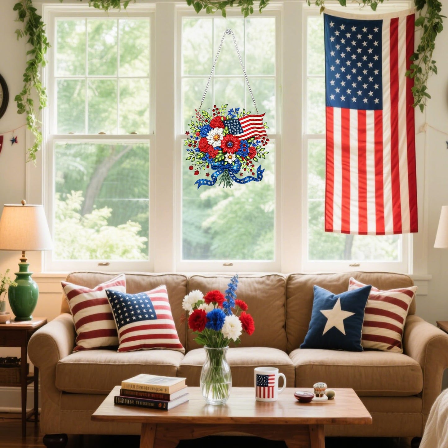 Flowers Diamond Art Hanging Kits for Adults, American Flag Diamond Painting Window Pendant Kits, DIY Acrylic Special Shaped Crystal Gem Art Painting Ornament for Home Garden Wall Hanging Decor