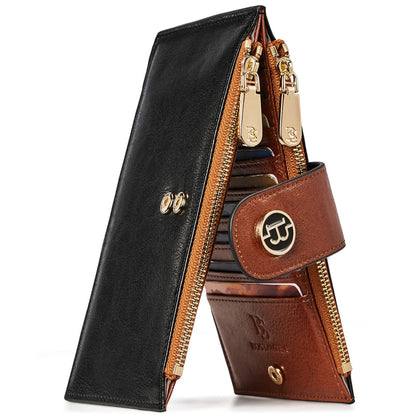 BOSTANTEN Leather Wallets for Women Large RFID Blocking Slim Bifold Purse Card Holder with Zipper Pocket Black＆Brown
