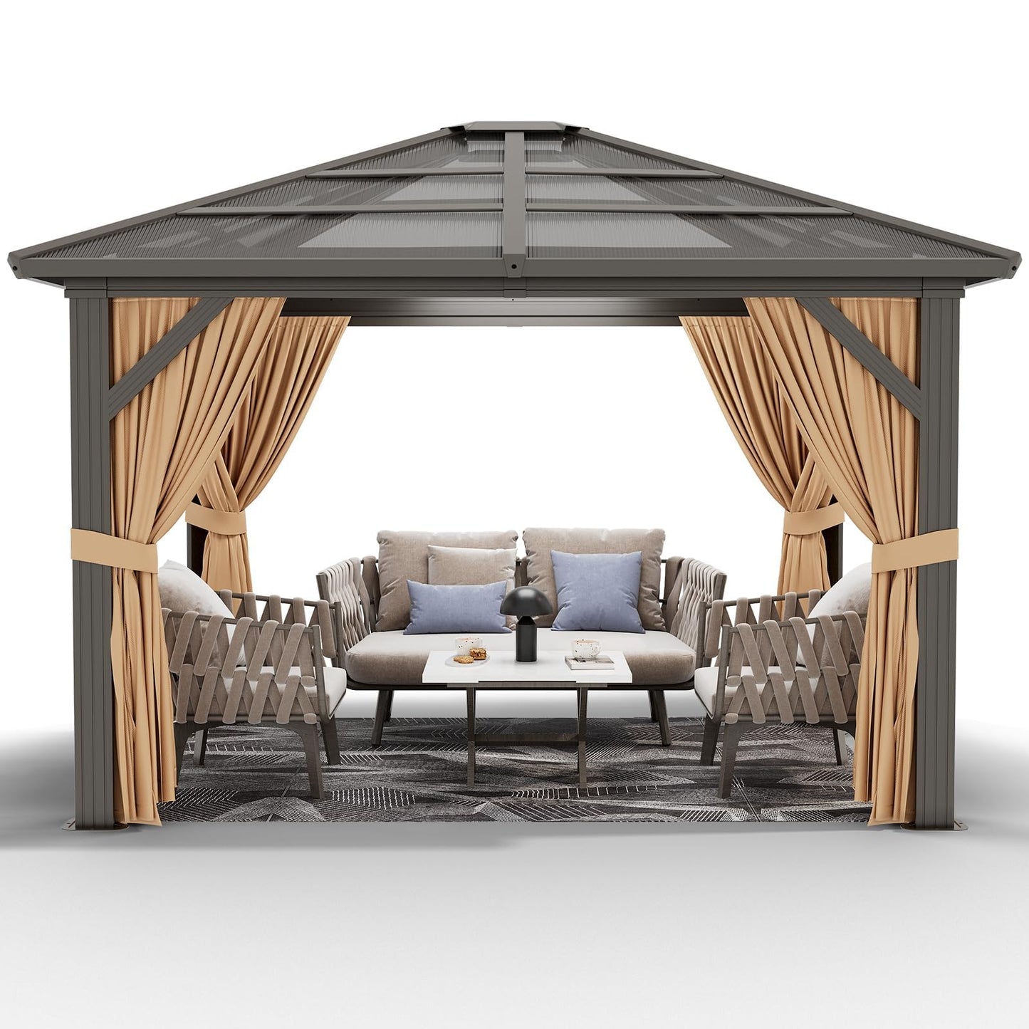 10' x 12' Hardtop Gazebo, Permanent Outdoor Pavilion with Single-Tier Hardtop Roof, Thickened Mosquito Netting, Double Track & Double Zipper Design for Patio, Lawn, Garden, Brown