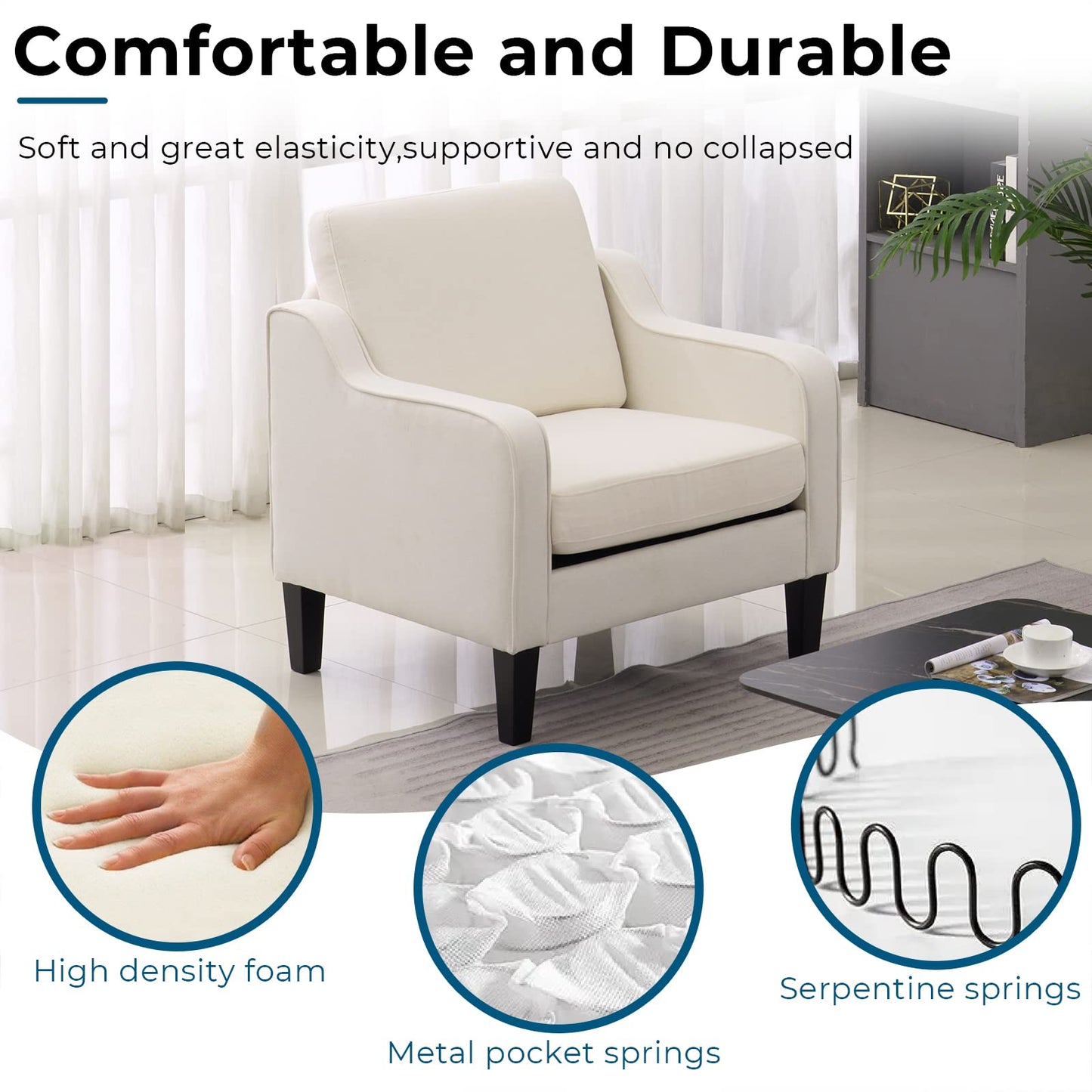 VINGLI Modern Accent Chairs Set of 2, Beige Living Room Chairs Comfy Armchair for Bedroom, Upholstered Sofa Chair Reading Chair for Small Spaces, Apartment, Waiting Room