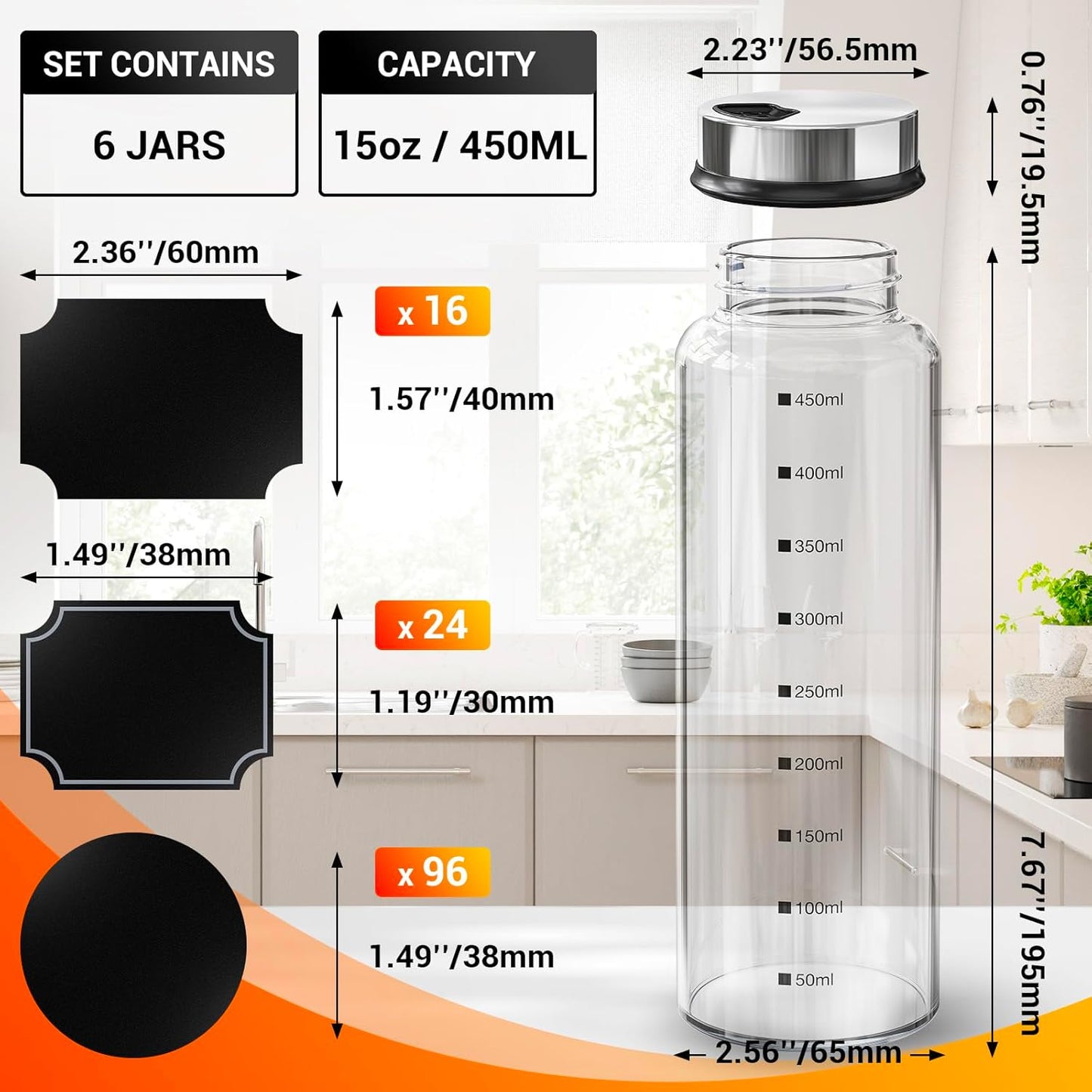 6 Pack 15oz Set 136 1 Segarty Glass Spice Jars, Large Spice Jar with Labels, Clear Empty Spice Containers with Shaker