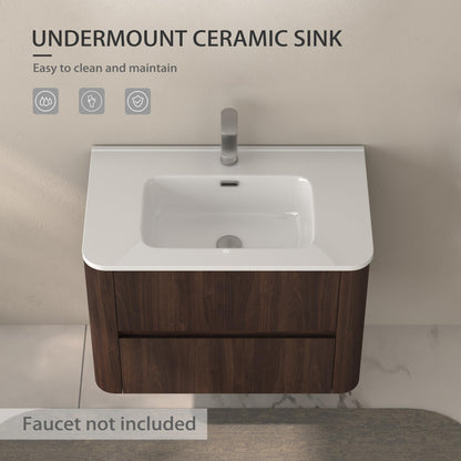 GDFStudio 30" Wall Mounted Bathroom Vanity with Sink,Floating MDF Cabinet with Soft-Close Double Drawers,Vanity with White Ceramic Integrated Basin, Modern Space-Saving Bathroom Storage,Dark Walnut
