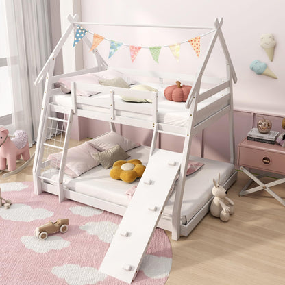 KOMFOTT Wood Twin Over Queen House Bunk Bed, Playhouse Floor Low Bunk Bed with Climbing Nets & Ramp, Space Saving Solid Wood Bunk Bed Frame with Safety Guardrails, Not Box Spring Required (White)