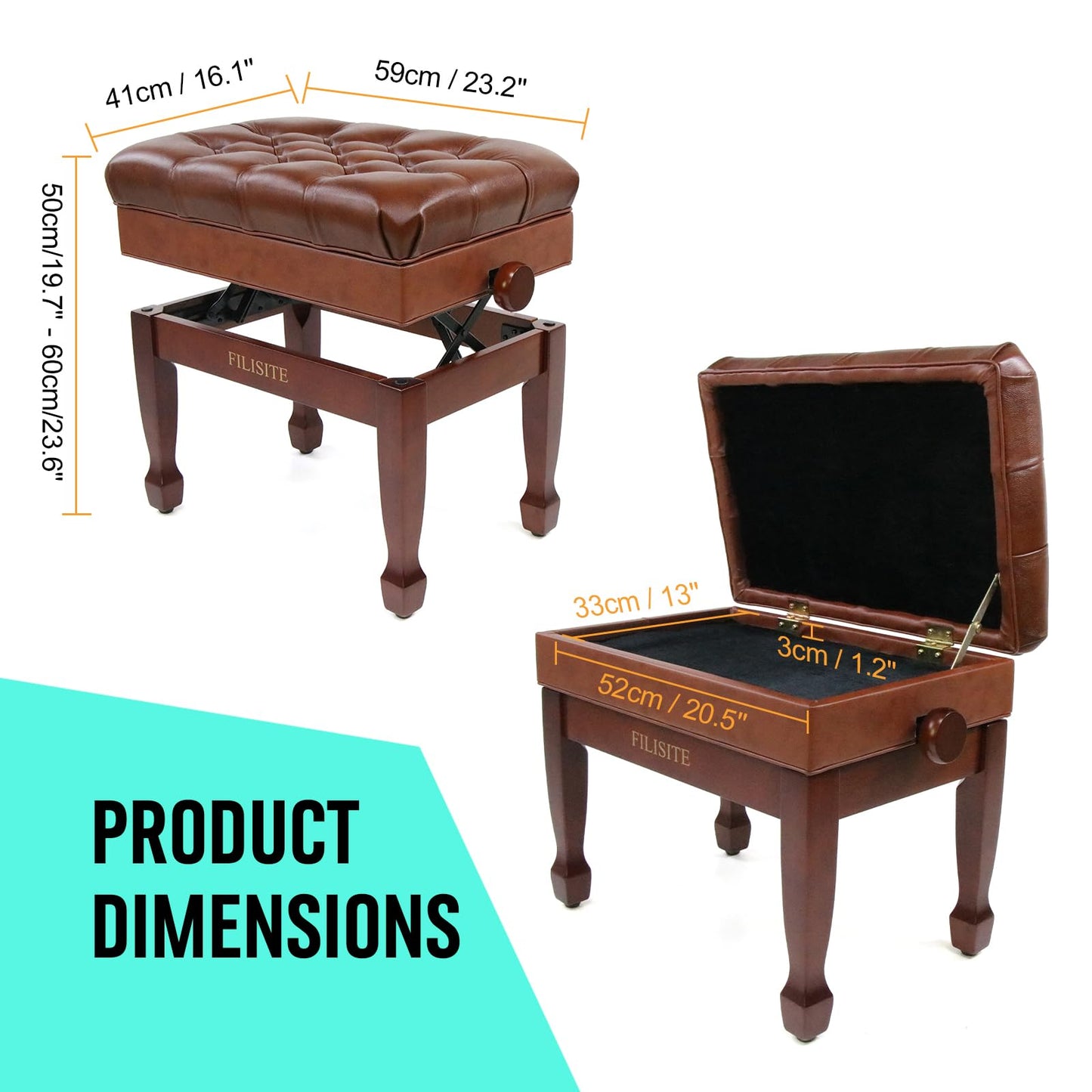 FILISITE Genuine Leather Adjustable Piano Bench with Storage Compartment, Heavy Duty Solid Wooden Keyboard Stool with Padded Cushion Seat (Brown)