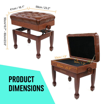 FILISITE Genuine Leather Adjustable Piano Bench with Storage Compartment, Heavy Duty Solid Wooden Keyboard Stool with Padded Cushion Seat (Brown)