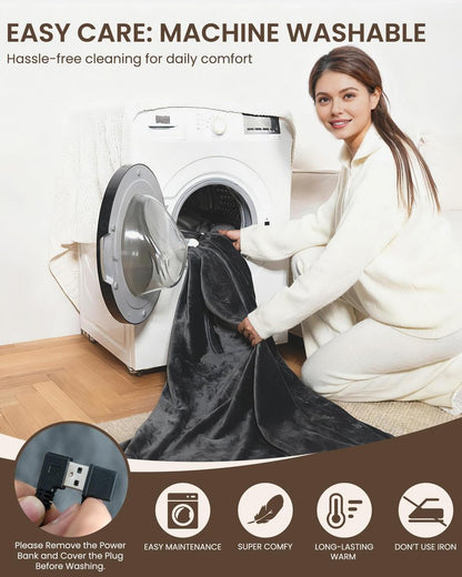 Cordless Heated Blanket with Hood, USB Battery Powered Heated Wearable Blanket with 9 Heating Zones, 20000 mAh Power Bank, 3 Levels, Portable Heated Throw Blanket, Heated Shawl (Warm Comfort Gray)