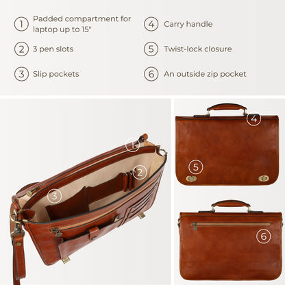 Time Resistance Leather Briefcase for Men - Italian Full Grain Leather Laptop Bag - Messenger Bag - Gift Box Included