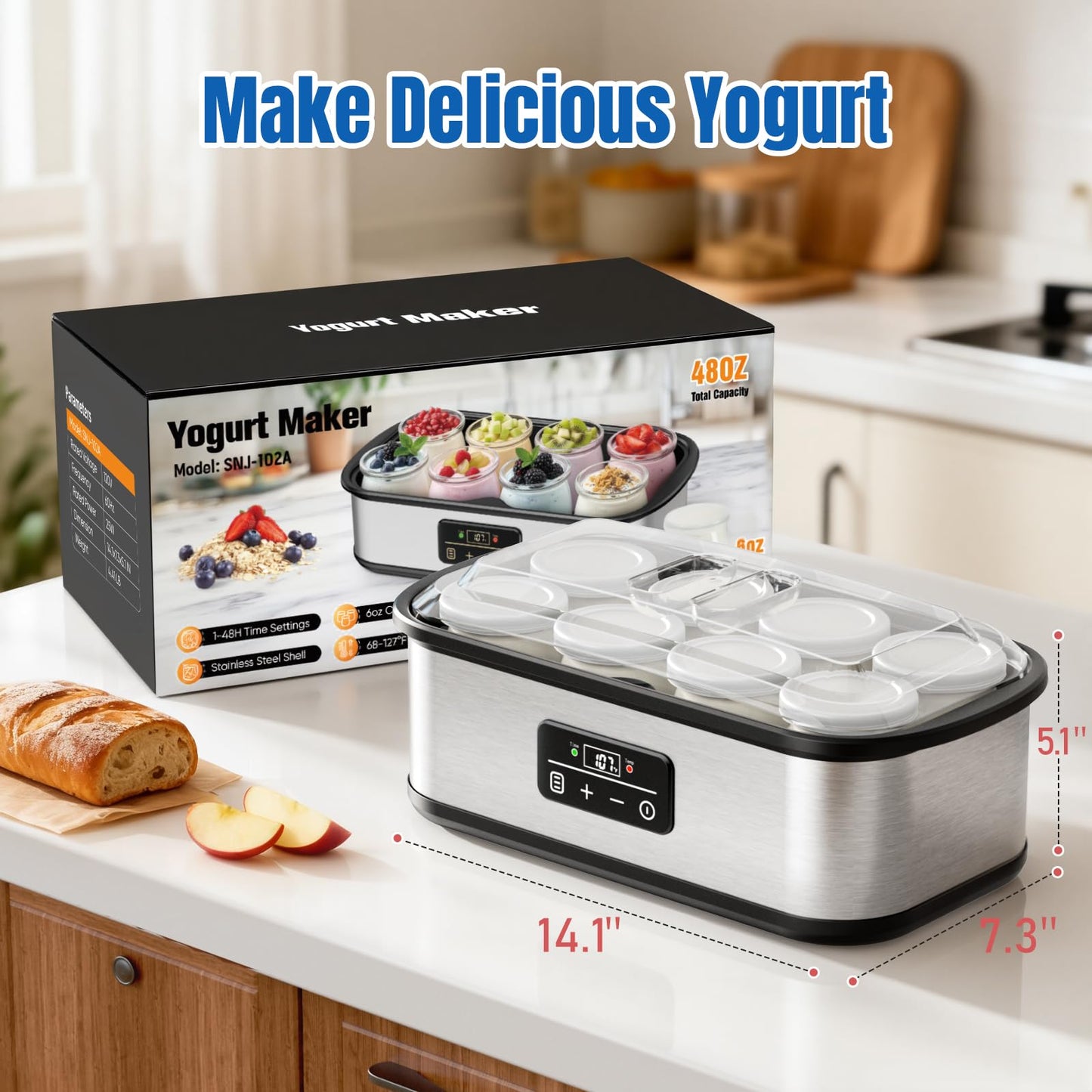 Yogurt Maker with 8 Glass Jars, Yogurt Maker Machine with Adjustable 1-48H Time & Temp Control, Make Healthy Yogurt with Full Probiotics
