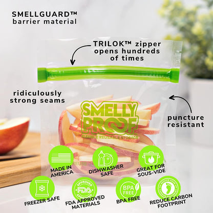 Smelly Proof 10 x Expandable Stand-Up & Fill REUSABLE Storage Bags for Food Designed & Mfg in US, NO PEVA, BPA FREE, Reusable Snack Bags, Dishwasher-Safe, Clear 3 mils STAND & FILL 6" x 4" - 10pk
