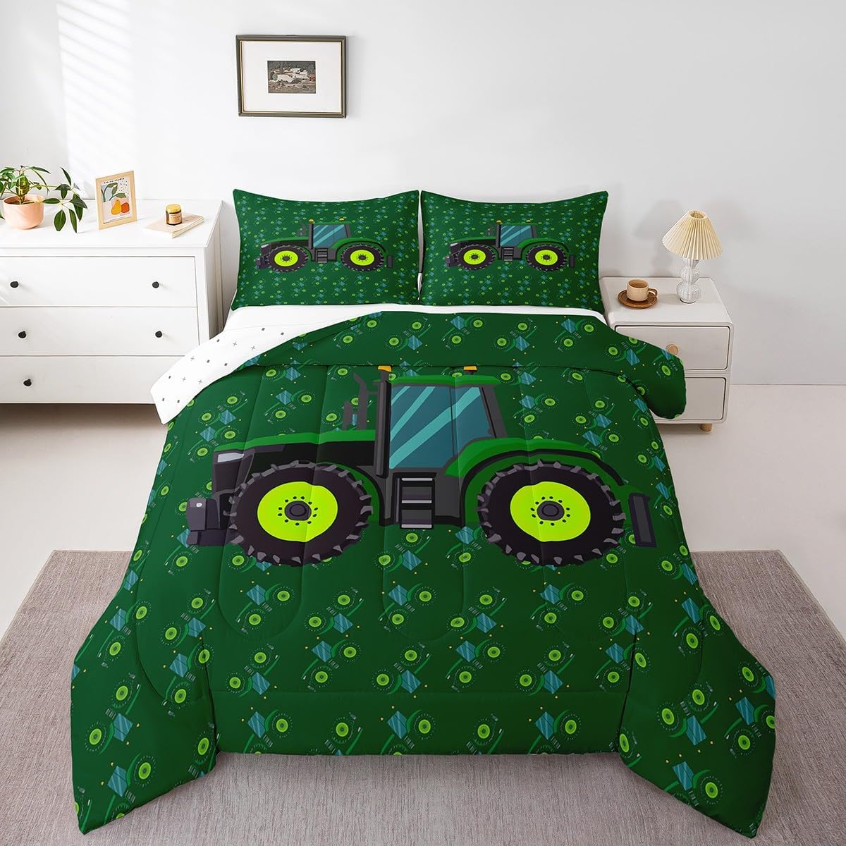 Set Set, Set, Erosebridal Boys Tractor Comforter Twin Size, Green Equipment Trucks Bedding Construction Excavator Down