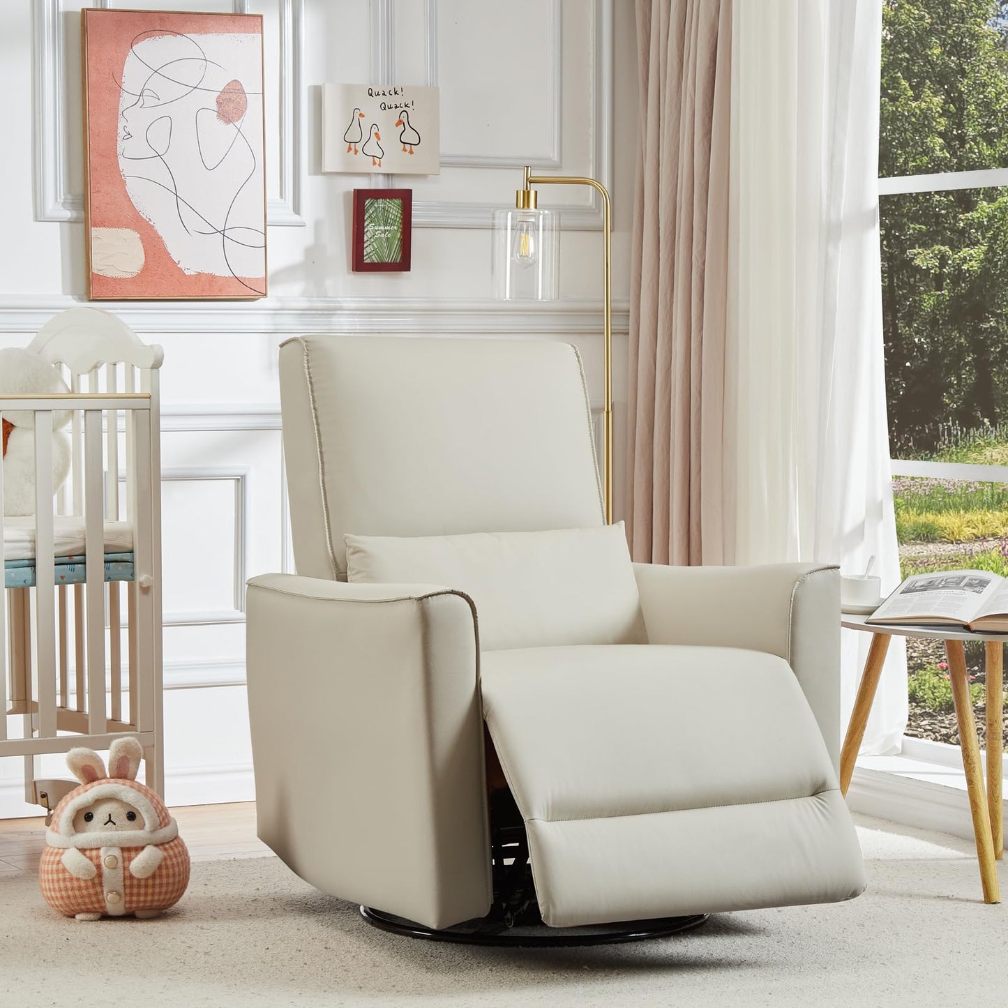 GarveeHome Recliner Chair, 360° Swivel Rocker Glider Nursery Chair with Padded Armrest and Deep Seat, PU Leather Upholstered Reclining Sofa Chair for Living Room, Bedroom and Nursery (White)