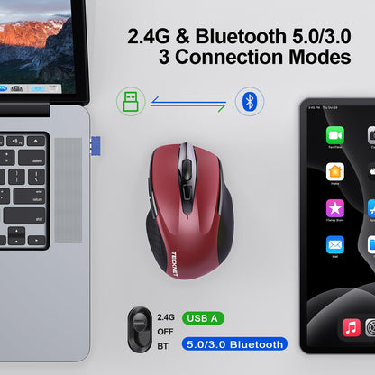TECKNET Wireless Mouse (BT5.0/3.0 & 2.4G) Rechargeable 4800 DPI Silent USB A & Bluetooth Mouse 6 Buttons, Wide Compatibility - Grey