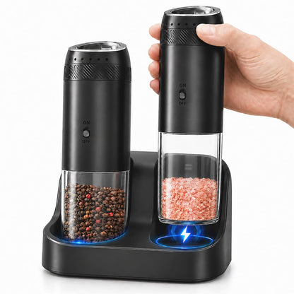 FAMAWO Gravity Electric Salt and Pepper Grinder Set, Rechargeable Automatic Mills with Charging Base, 6-Level Adjustable Coarseness, LED Light, Matte Black, 2-Pack