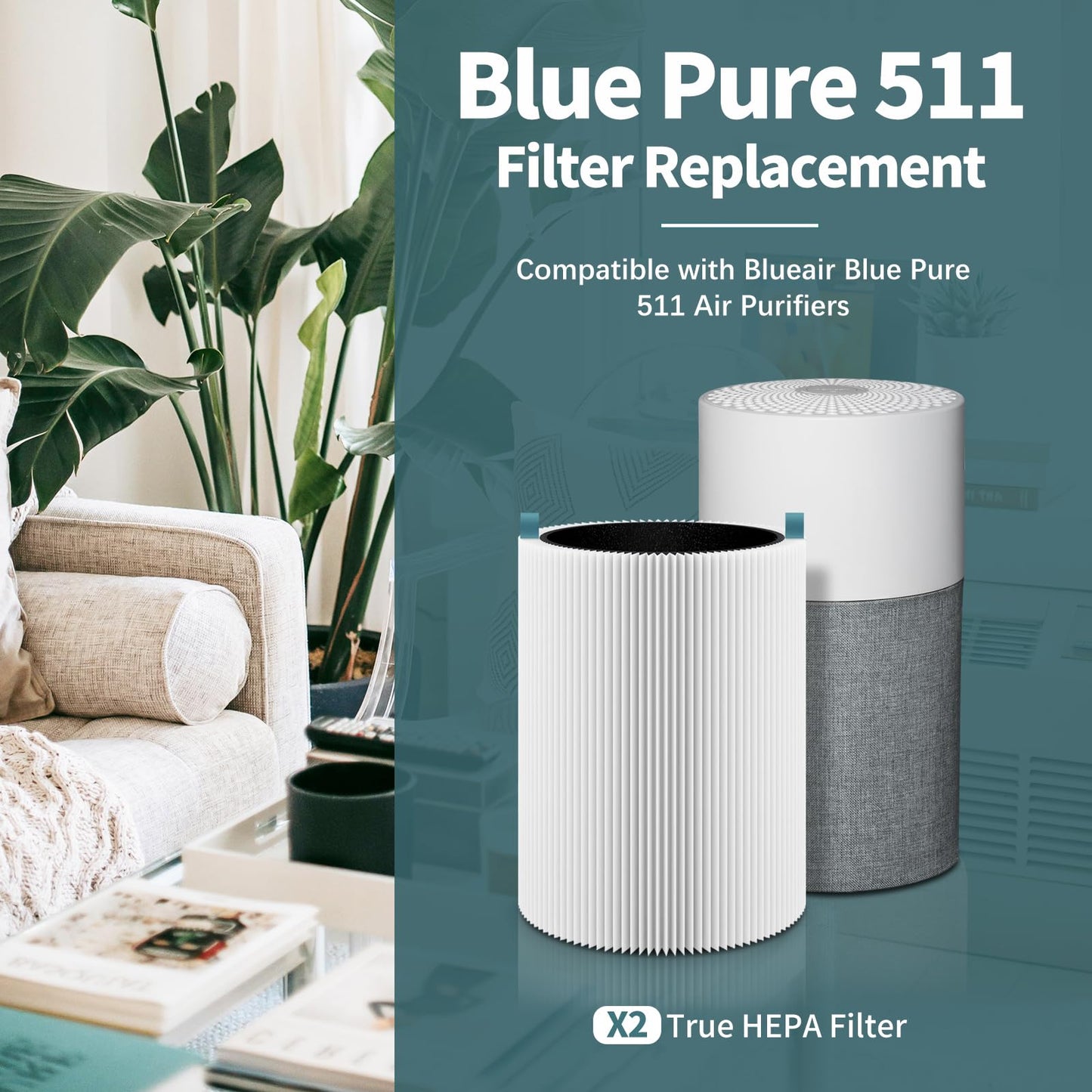 2 Pack 511 Replacement Filter Compatible with Blueair Blue Pure 511 Air Purifier, 2-in-1 H13 True HEPA Filter and Carbon Filter (Not Fit for 511 Auto)