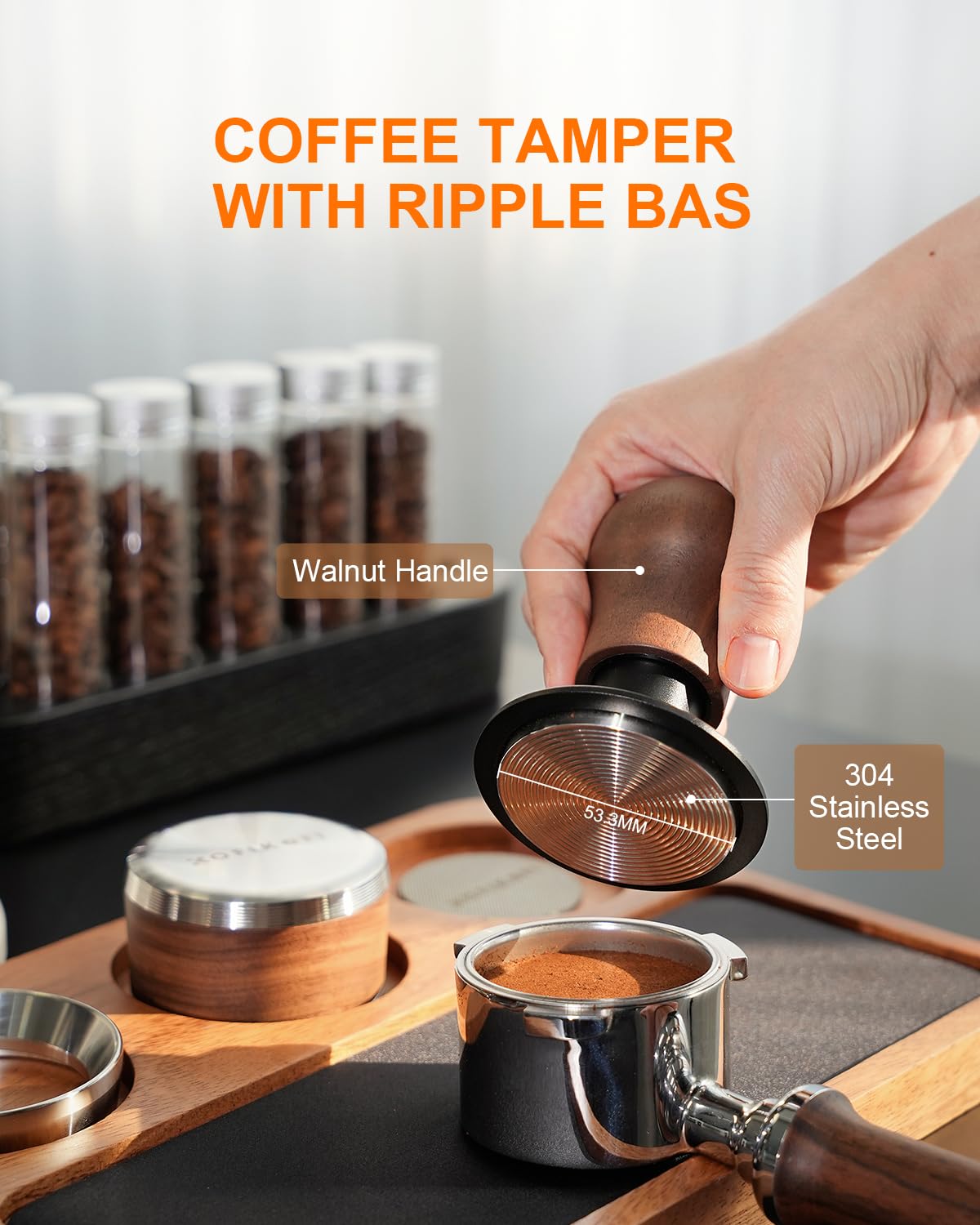 KOFIKOFI Coffee Tamper 53.3mm - 3 Spring Loaded Espresso Tamper with 30lbs Calibrated Springs and Sound Feedback - Barista Walnut Tamper With Stainless Steel Ripple Base - Fits 54mm Portafilter