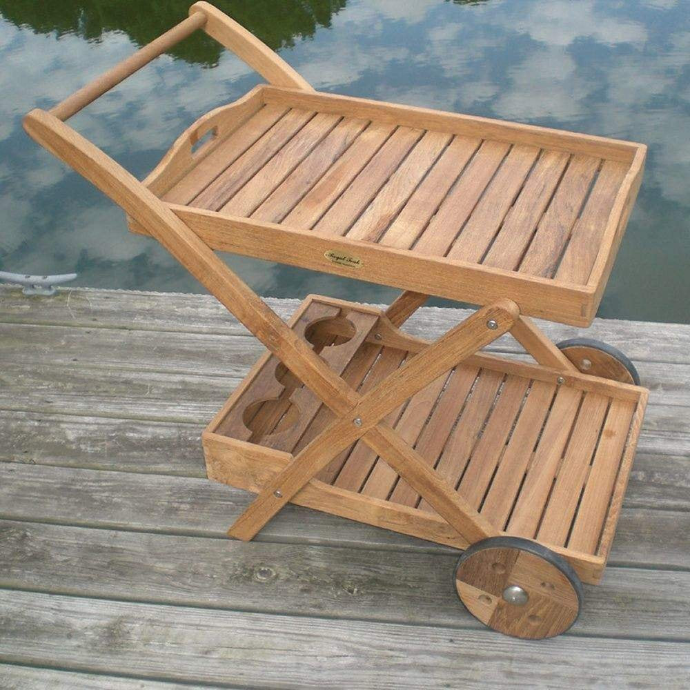 Royal Teak Collection Teak Tray Cart with Wheels, Serving Rolling Cart with Detachable Top Tray, Lower Shelf and Cup Holders, Kiln-Dried Wooden Outdoor Entertaining Accessory (TTC)