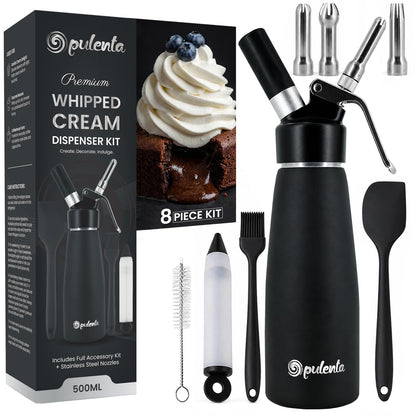 Opulenta Premium Whipped Cream Dispenser – Leak-Proof Whip Maker with 3 Stainless Steel Nozzles, Spatula, Food Pen & Brush – Professional Whipped Cream Maker Canister – N2O Not Included – 500ml