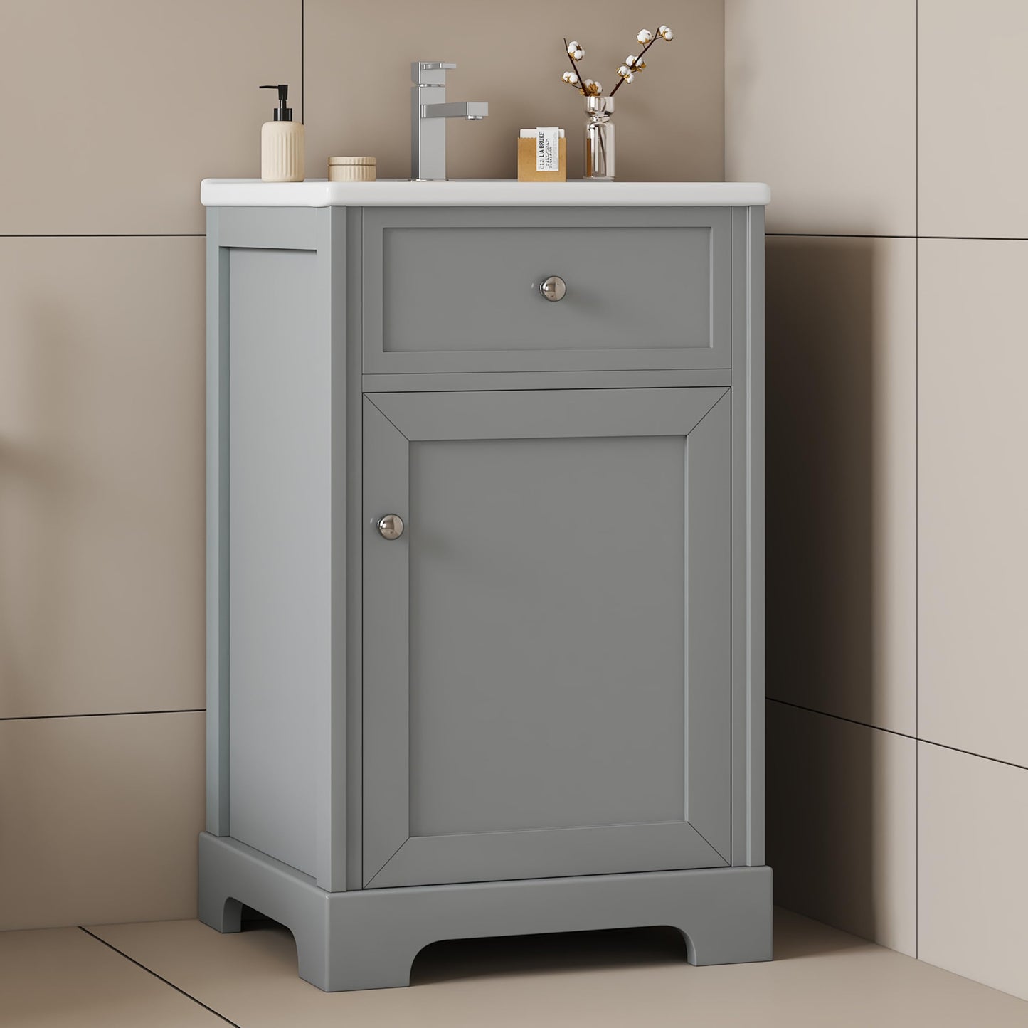 Favfurish 20" Bathroom Vanity with Ceramic Sink, Undermount Single Basin Bath Vanity Set w/Soft-Close Door and Storage Rack & Adjustable Shelf, Modern Freestanding Cabinet for Small Space, Grey