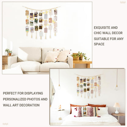 Mkono Macrame Hanging Photo Display Wall Decor with String Lights, Boho Wooden Beads Garland Collage Picture Card Frame Holder with 45 Clips for Bedroom Living Room Dorm, Teen Girls Christmas Gifts