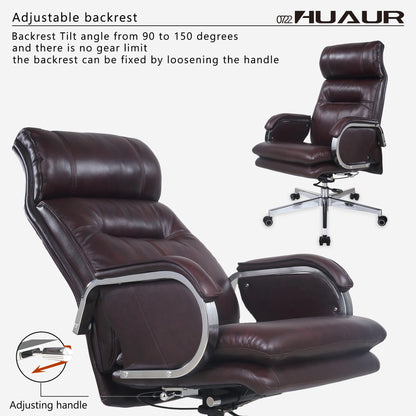 HUAUR Genuine Leather Modern Executive Chair High-Back Support 90 to 150 Degrees Tilt and Upholstered Home Desk Chair with Base 360LB Capacity Swivel Computer Office Chair (Brown)