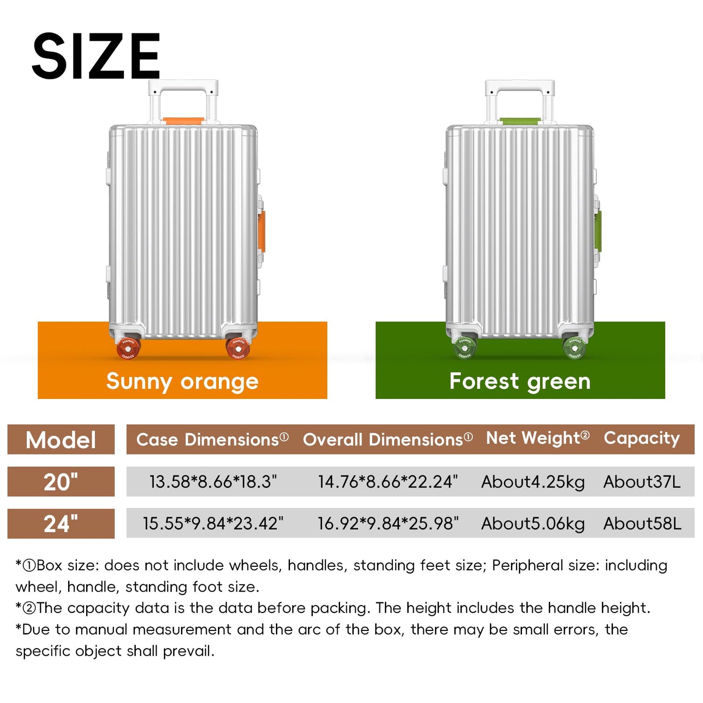 ROAMING 24 Inch Check Luggage Durable All Aluminum Hardshell Suitcase - Zipperless Luggages Airline Approved with 360° Spinner Wheels, TSA Lock, USB Port Smart Organizational Pockets （Silver orange）
