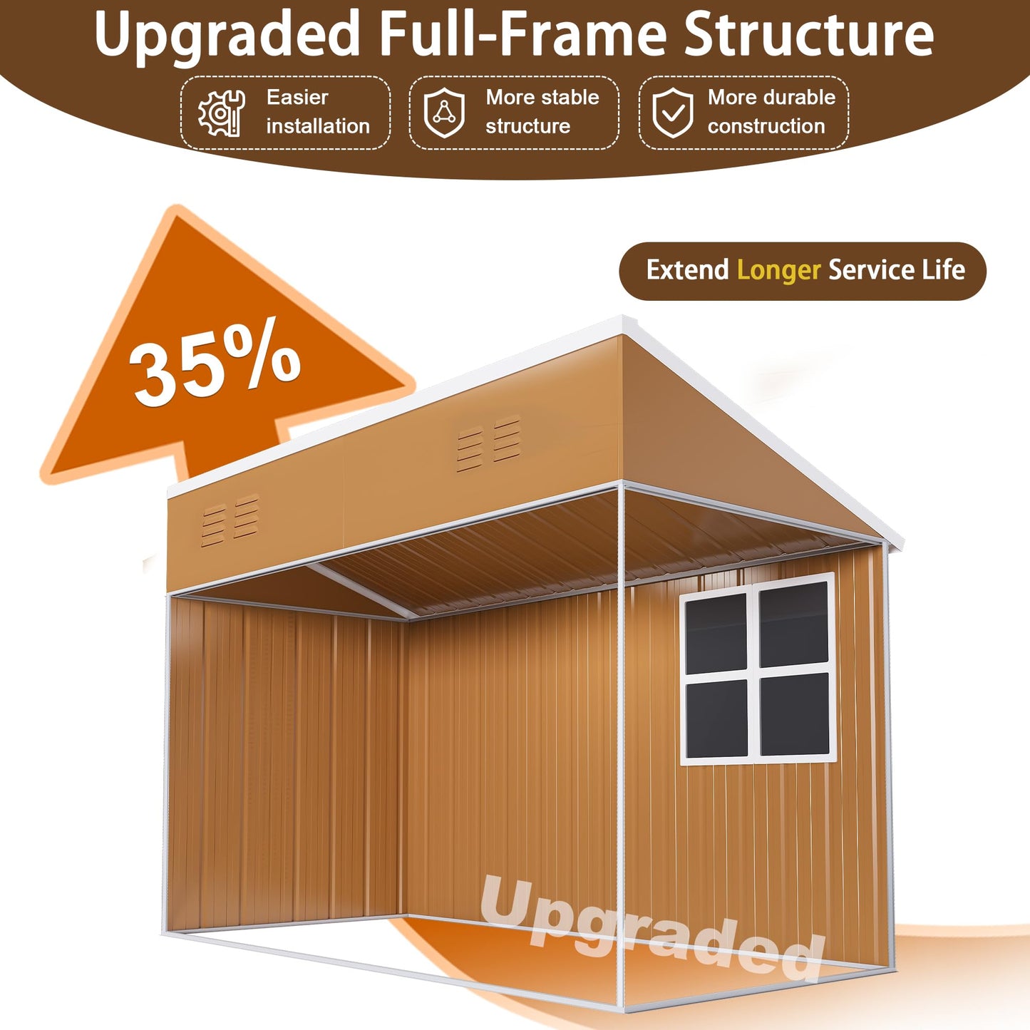 GDFStudio 8x4 FT Heavy-Duty Metal Storage Shed with Hinged Door, Windows & Ventilation, Weatherproof Galvanized Steel Outdoor Garden Shed for Backyard Lawn Patio Tool Storage, Brown, Without Floor
