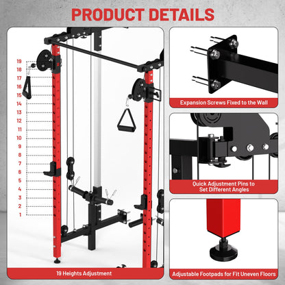Garvee Folding Squat Rack, Wall Mounted Power Rack with Dual Independent Pulley System & Pull Up Bar, Multi-Function Power Cage with for Home Gym Space-Saving