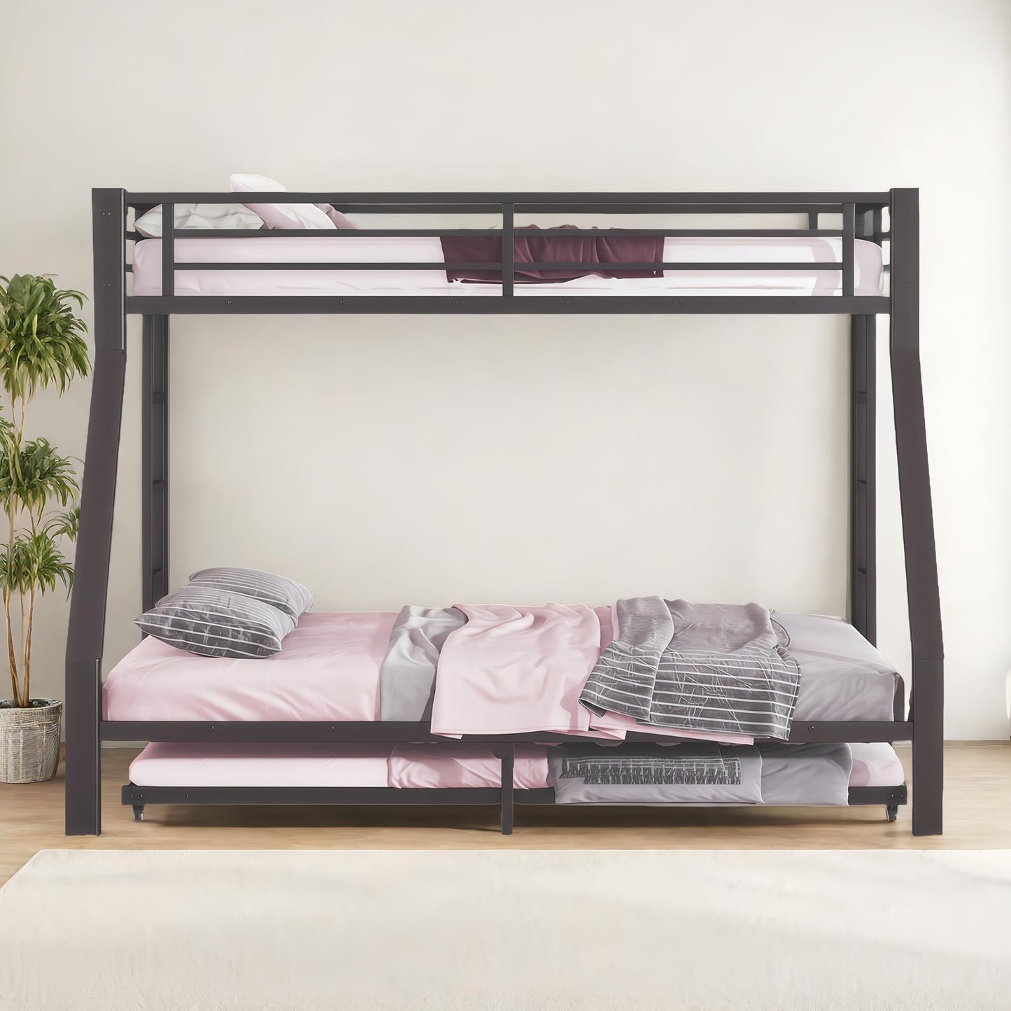 Heavy-Duty Metal Twin XL Over Queen Bunk Bed with Trundle for Teens Adults,Higher Quality Steel Queen Size BunkBed with 2 Vertical Ladders ,Noise Free for Small Bedroom, Weight Capacity 700LBS (Black)