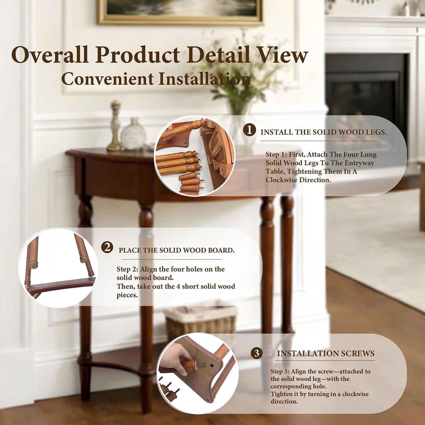YNVHKFN Half Moon Console Table - Solid Wood Entryway Table with Drawer & Shelf, Narrow Sofa Table for Hallway, Curved Accent Table for Living Room, Foyer, Small Space Storage Table