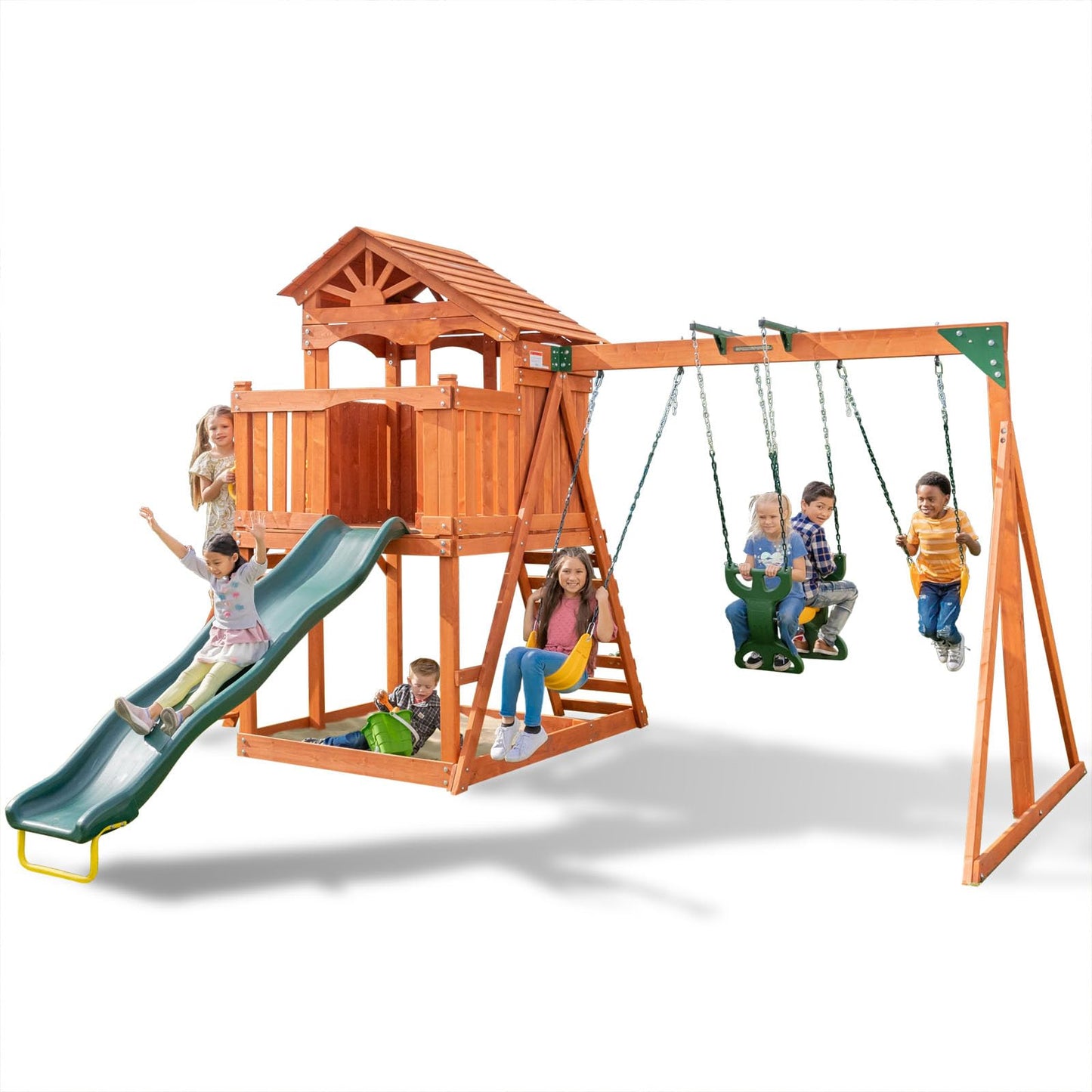 Sportspower 8-in-1 Blue Ridge Wooden Swing Set with Roofed Clubhouse & Balcony, 2 Belt Swings, 2-Person Roman Glider, 8ft Slide, Sandbox & Rock Climber, Anchor Kit Included