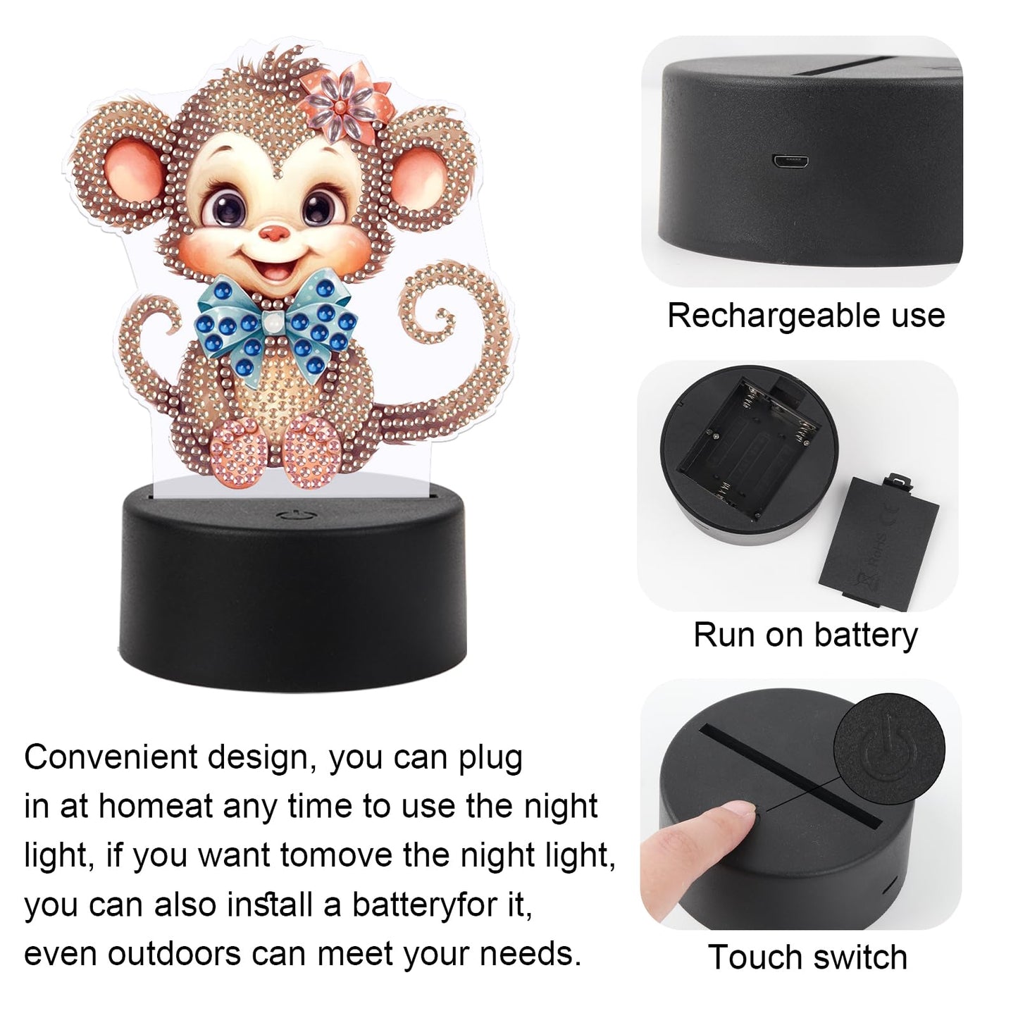 JZHYOAN Monkey Diamond Painting Night Light DIY Gem Painting Table Lamp Diamond Art Table Lamp Gift Light up Art Ornaments for Table Desk Bedroom Mosaic Cross-Stitch Set for Adult