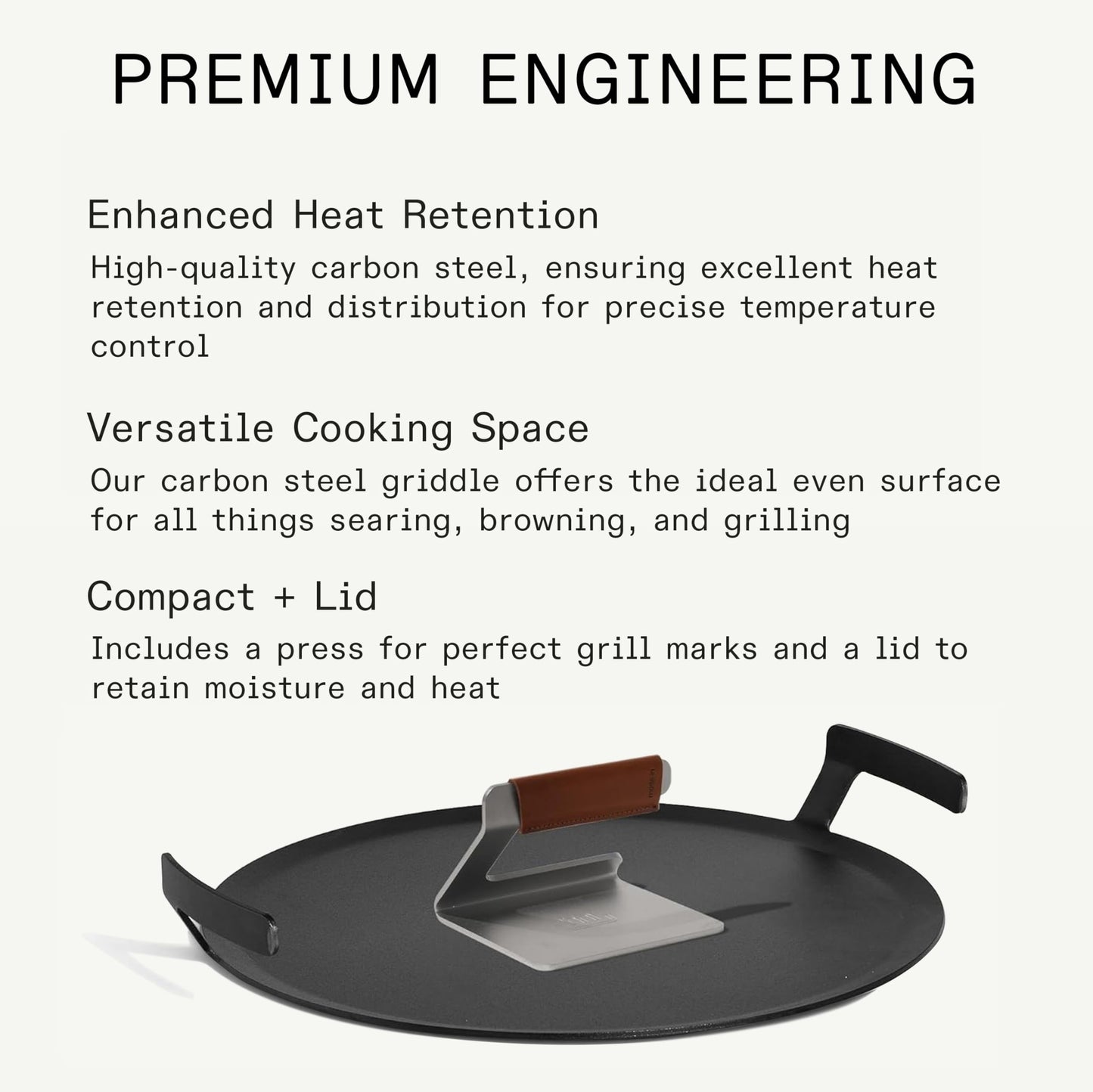 Made In Cookware | Seasoned 17" Round Carbon Steel Griddle + Grill Press | Professional Cookware | Crafted in Sweden | Induction Compatible