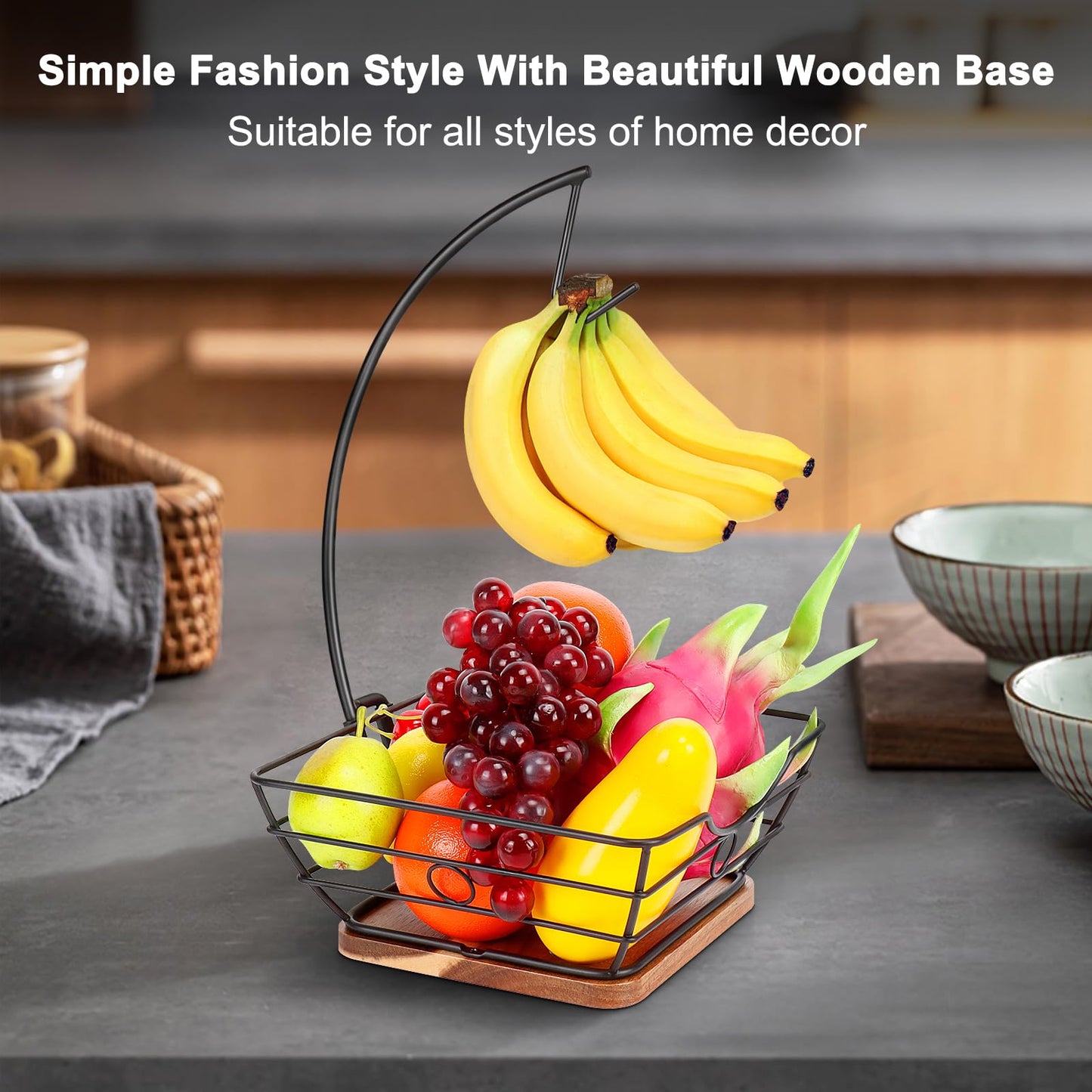 Livabber Countertop Fruit Basket Bowl with Banana Hanger, Modern Standing Fruit Vegetable Bowl Storage, with Banana Tree Holder for Kitchen Dinning Table (Square Wood, Black)