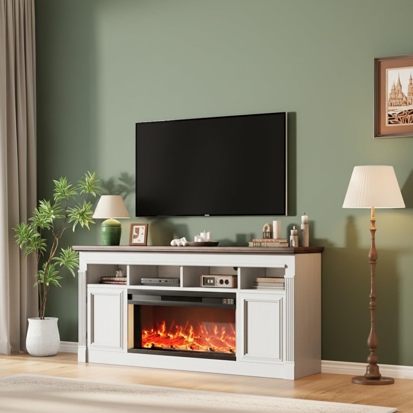 GarveeLife 68" Fireplace TV Stand for TVs Up to 75", Entertainment Center with 36'' Corded Electric Fireplace, Remote Controlled Realistic 3D Flame, Console Table with Storage Shelves, White & Brown