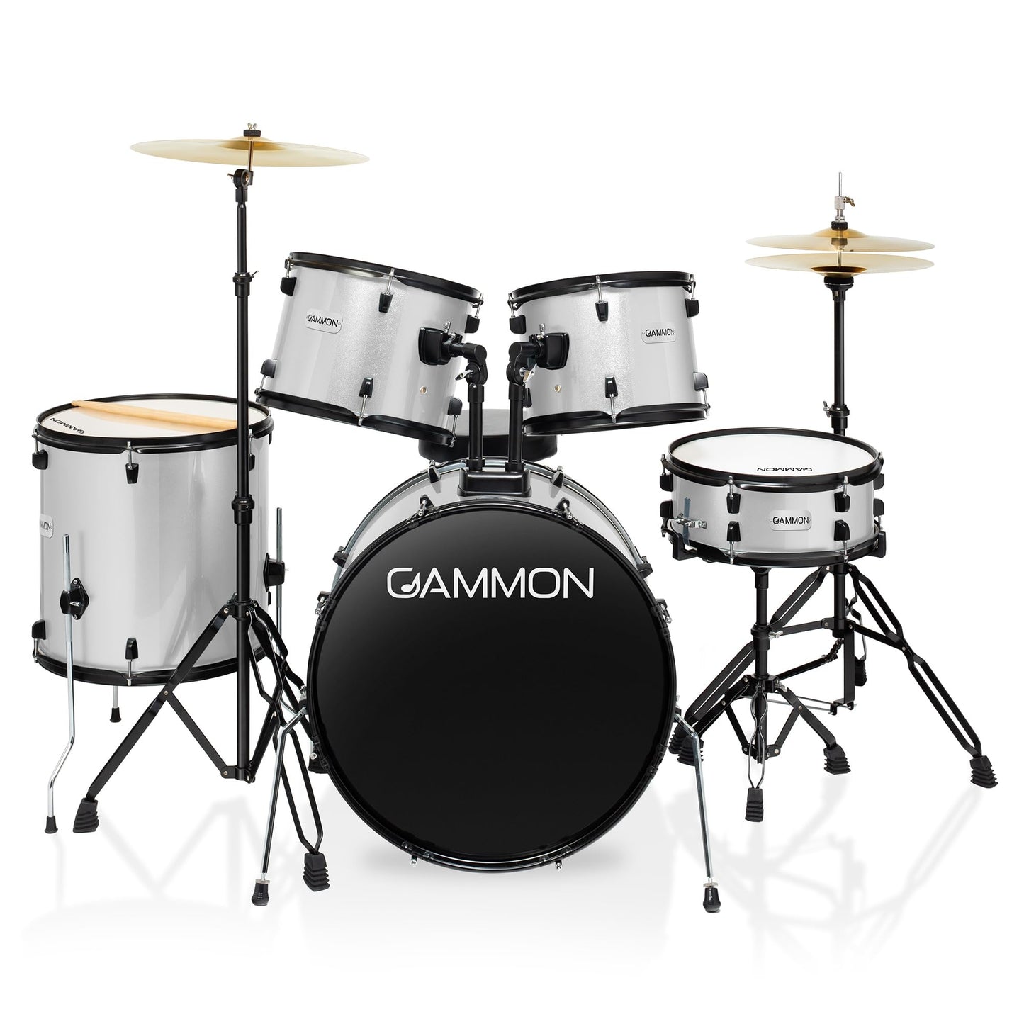 Gammon Percussion Full Size Complete Adult 5-Piece Drum Set with Cymbals, Stands, Stool, and Sticks - Silver