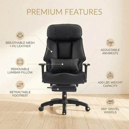 EXCEBET Big and Tall Office Chair 500lbs - 22.4" Extra Wide Seat Ergonomic Executive Chair, Heavy Duty High Back Leather Office Chair with Footrest, Lumbar Support & Adjustable Arm (All Black)
