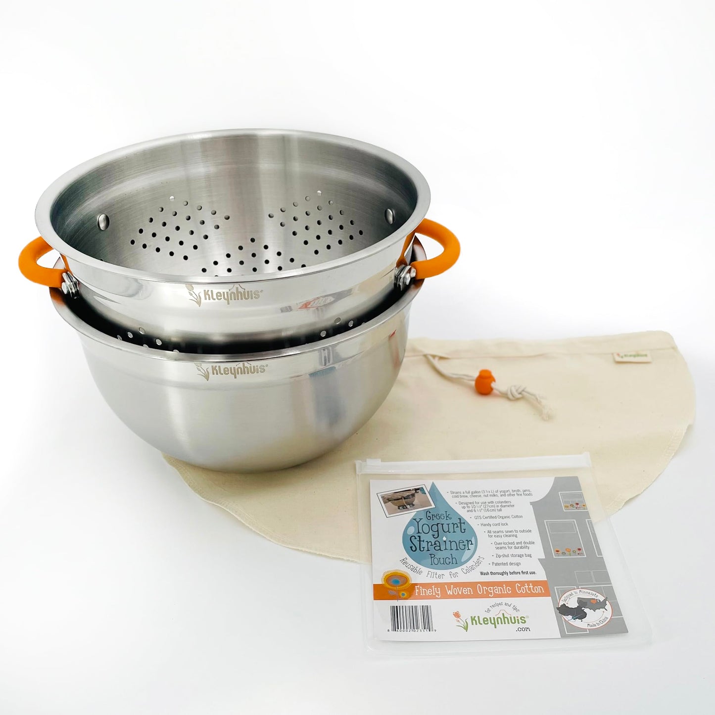 Kleynhuis Greek Yogurt Strainer Set: Stainless Steel Colander & Bowl with Organic Cotton Strainer Pouch | Premium Greek Yogurt Maker, Large 5-Quart Size