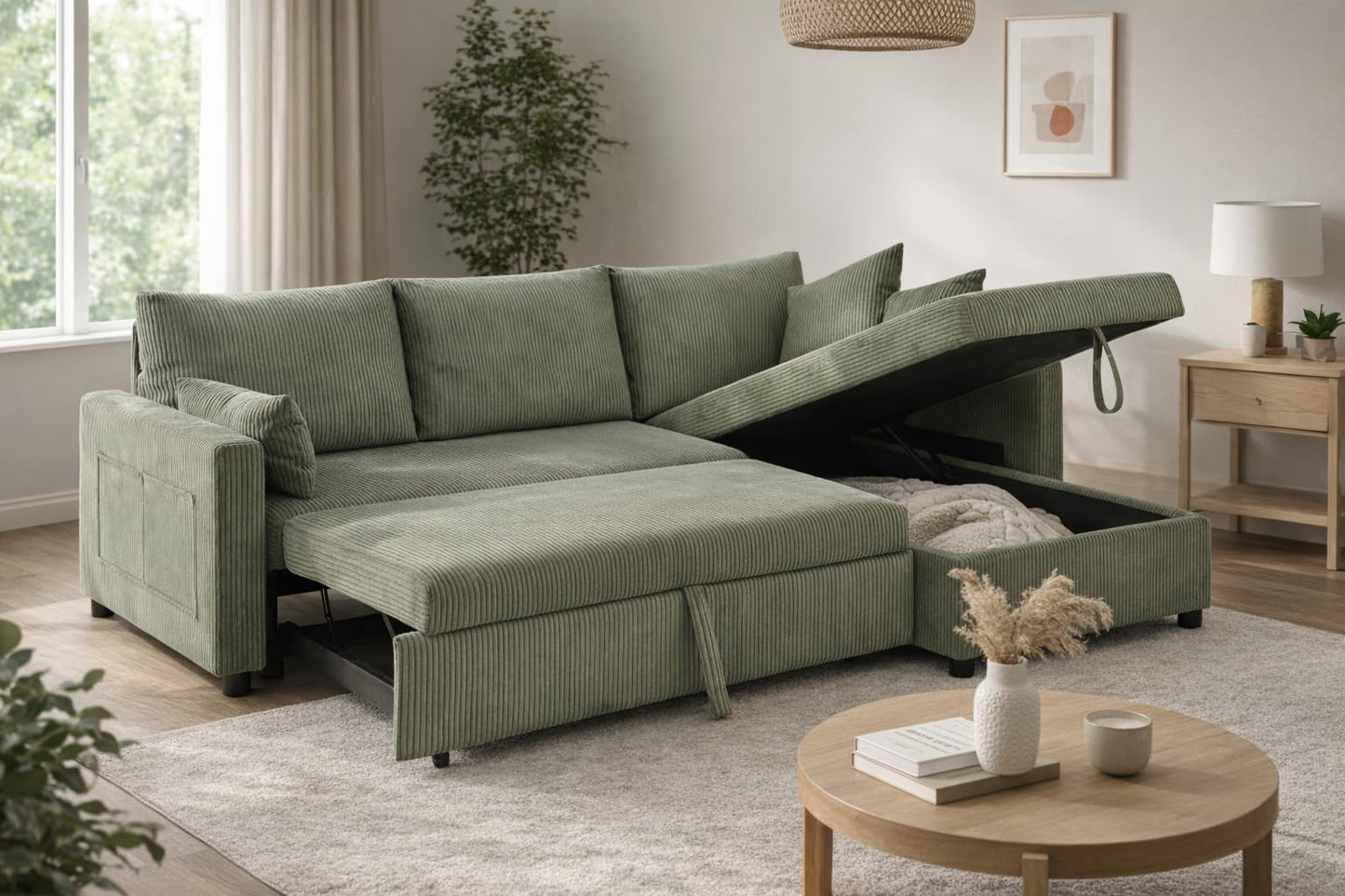 Trygoal Sectional Sleeper Sofa with Pull Out Bed, LShape Convertible Sofa Bed Couch with Storage Chaise, 3 in 1 Pull Out Sofa Bed with 3 Seats, for Living Room,Apartment, Green, 85Inch