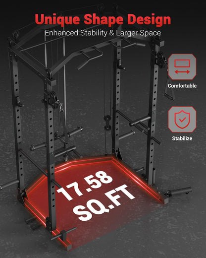 GarveeLife Power Cage, Multi-Functional Power Racks for Home Gym with Cable Crossover System, 1600 LBS Weight Capacity Fitness Squat Rack for Strength Workout with Training Attachment, Black