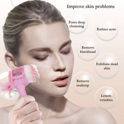 Face Brush 2 in 1, Facial Cleansing Exfoliating Scrubber Brush, Silicone Double Side Manual Face Wash Scrub Brush with Soft Bamboo Charcoal Fiber for Deep Pore Cleansing, Massaging, Skin Care