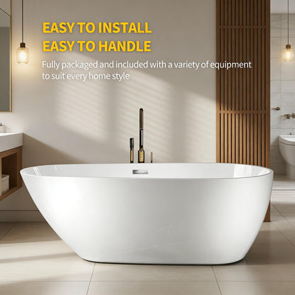 Garvee 67" Deep Soaking Bathtub, Non-Slip Acrylic Tub with Chrome Drain, cUPC Certified, Ergonomic Modern Bath for Bathrooms, Easy-Install, White Pearl