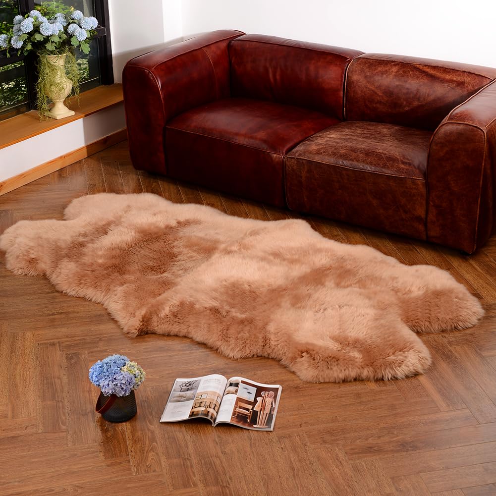IRIWOOL Premium Genuine Fur Sheepskin Rug Real Australia Sheepskin Natural Luxury Fluffy Lambskin Fur Area Rug Seat Covers for Kids Bedroom Sofa Chair Cover (Light Brown, 4ft x 6ft)