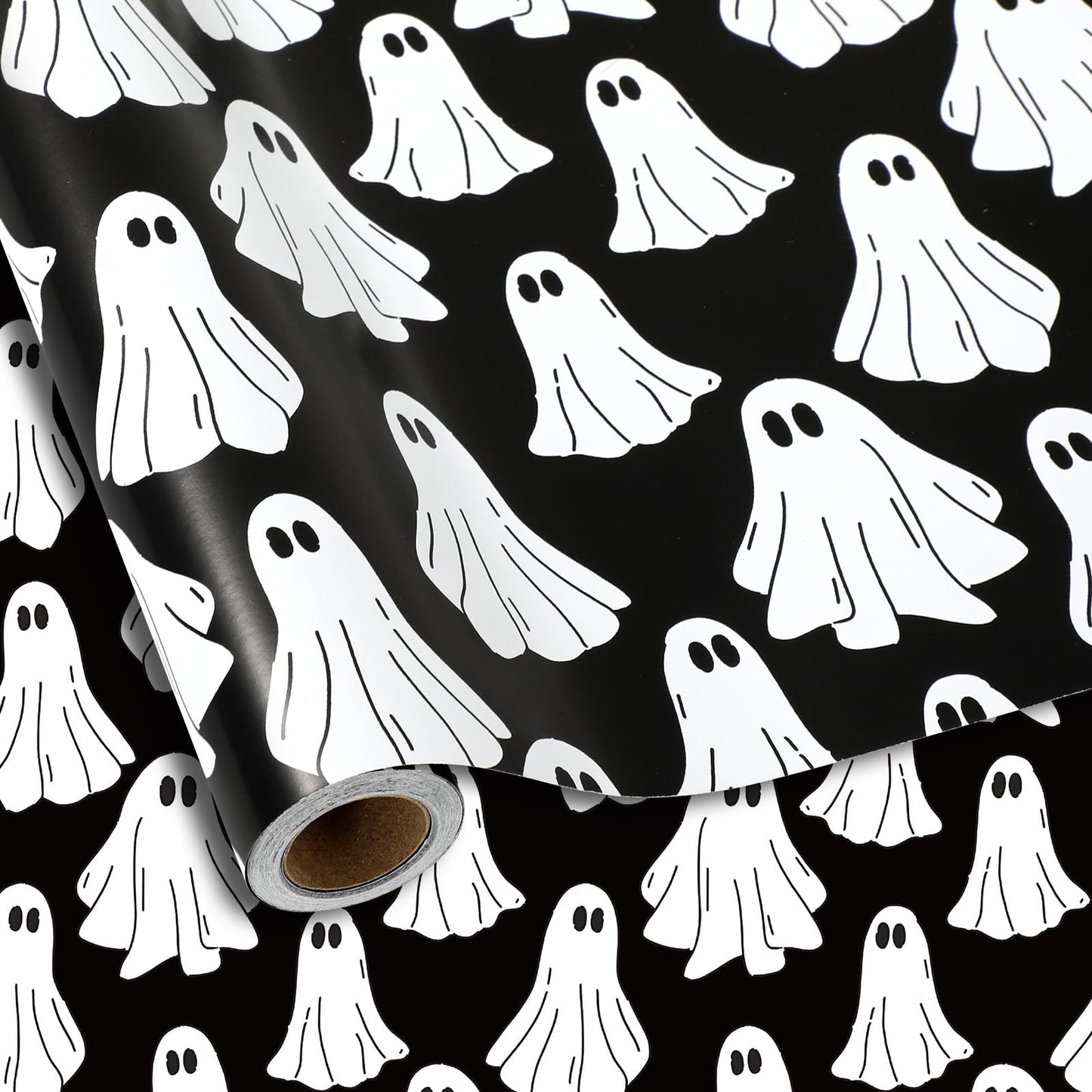Whaline Halloween Wrapping Paper -Mini Roll- 17 In x 32.8 Ft Groovy Black White Ghost Gift Wrap Paper for Baby Shower Birthday Halloween Wrapping Supplies