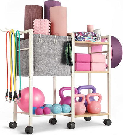 KOMFGT Yoga Mat Holder Storage Rack, Yoga Mat Storage Racks for Dumbbells Kettlebells Foam Roller, with Hooks and Wheels,Black (White)
