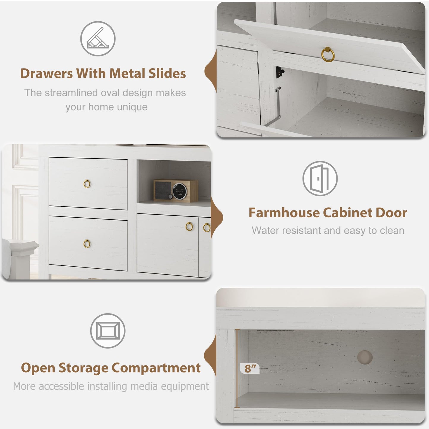 Farmhouse TV Stand for 75/80 Inch TVs, 70" Long Entertainment Center with 6 Storage Drawers & Soundbar Shelf, White Television Consoles Stands for Living Room, Bedroom